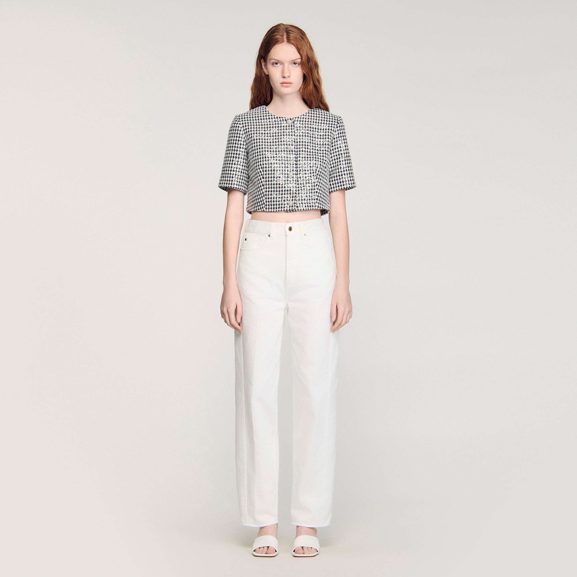 Top corto de tweed con estampado de cuadros