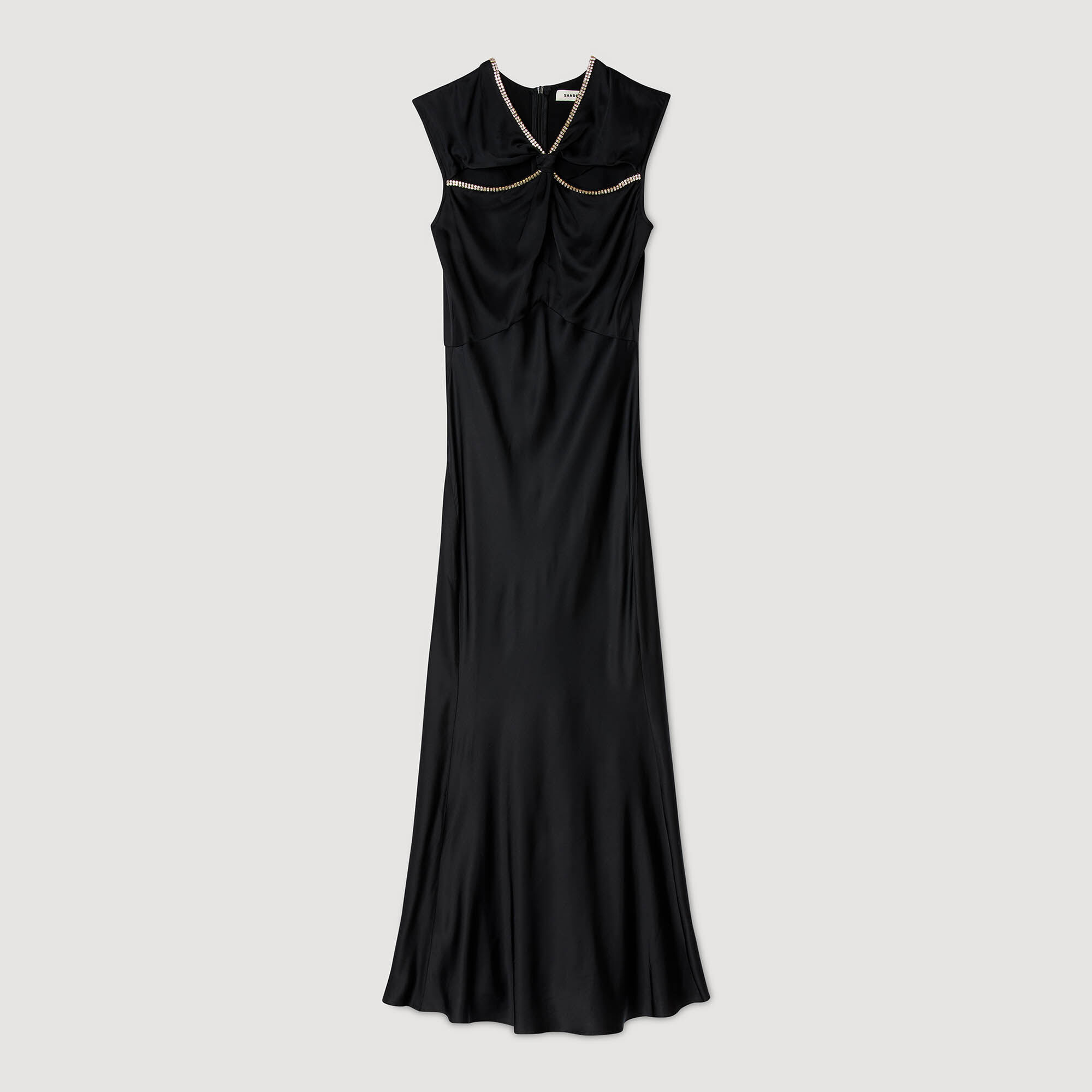 Vestido largo de satín con piedras preciosas