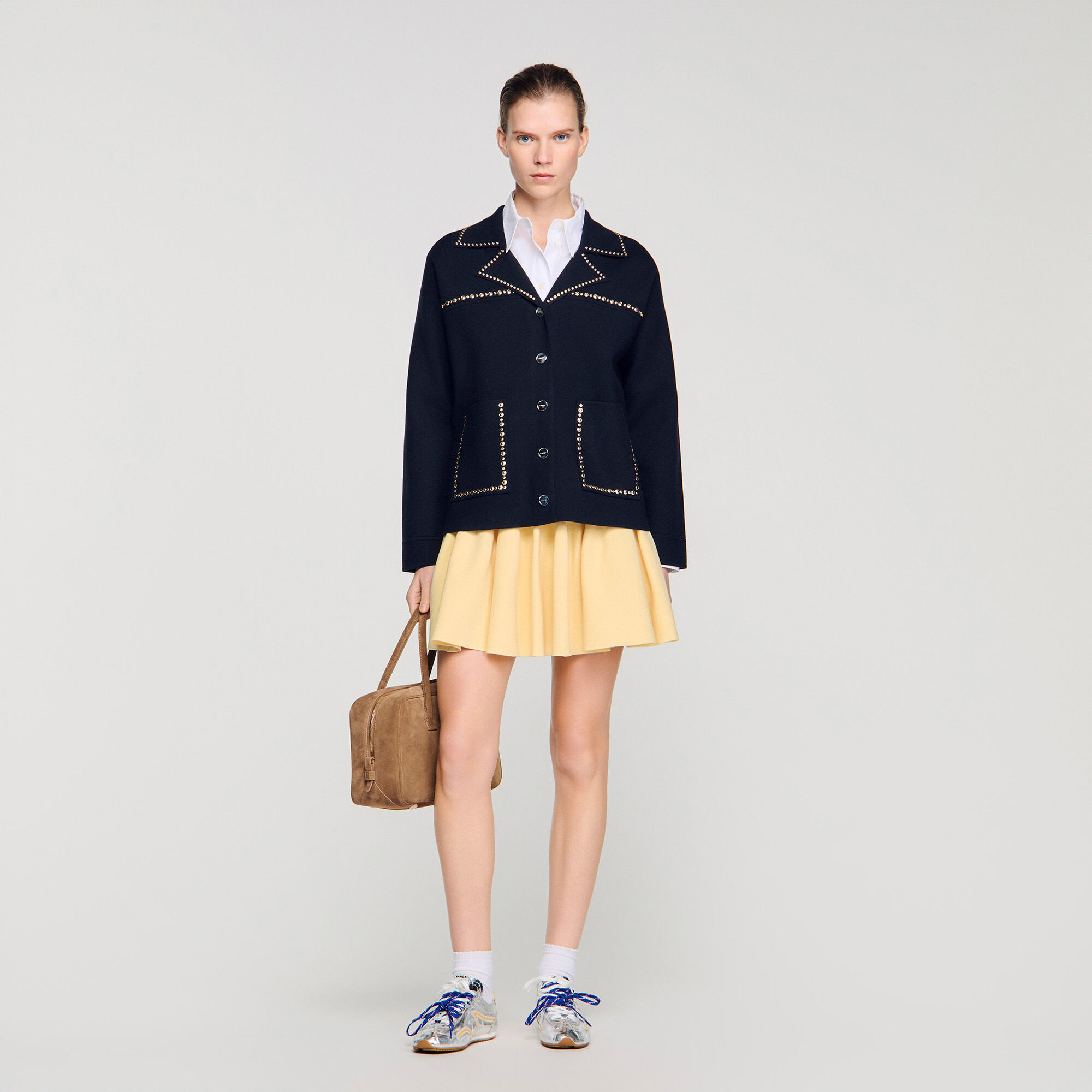 Cardigan con cuello de chaqueta con clavos