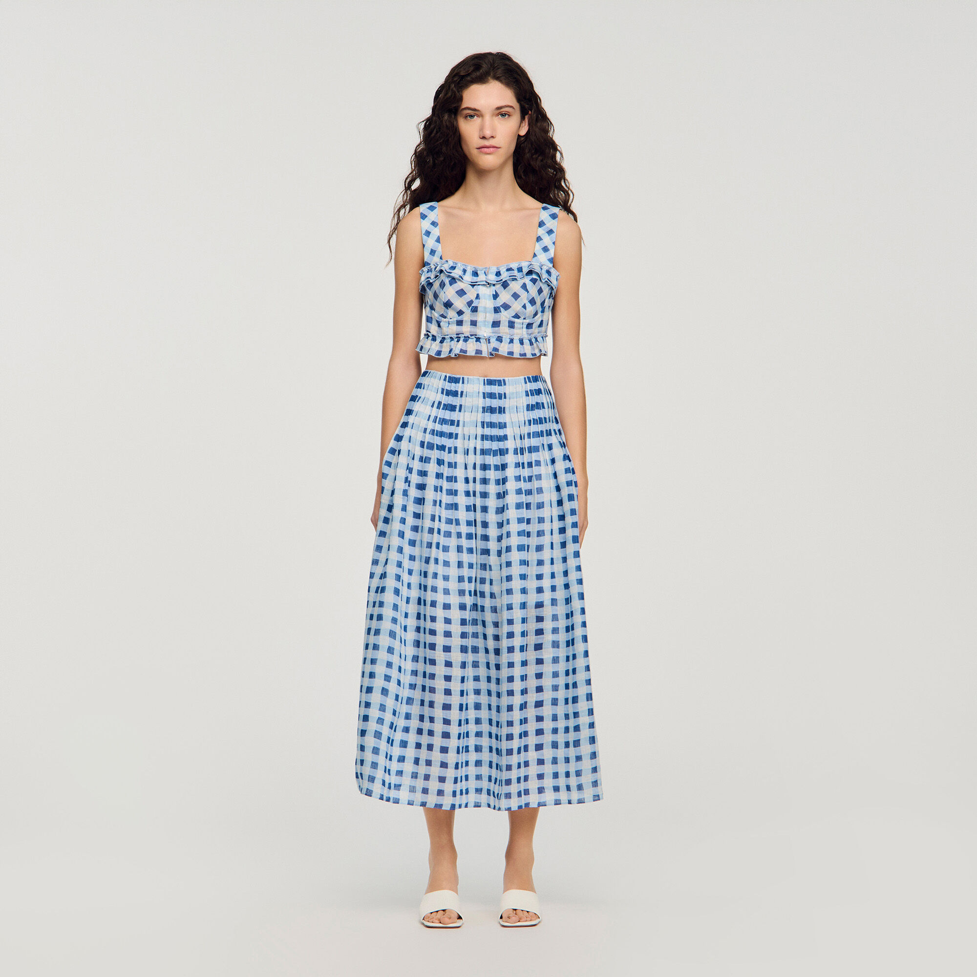 Falda de lino con estampado cuadros maxi