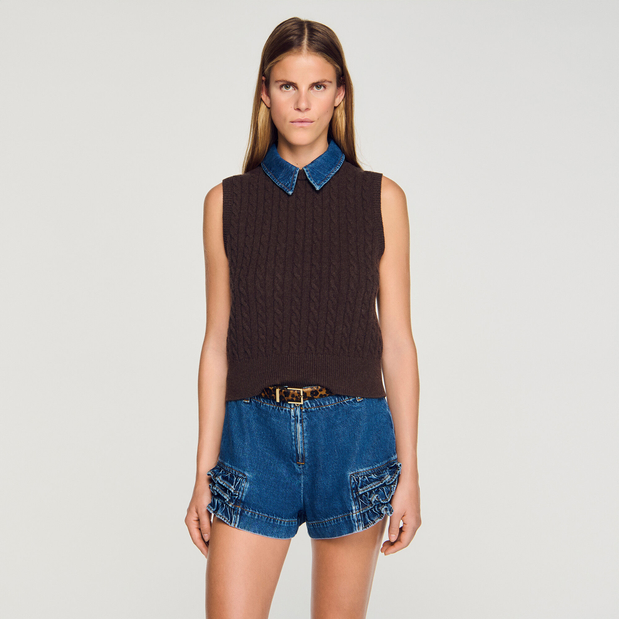 Sudadera de punto con cuello de mezclilla desmontable