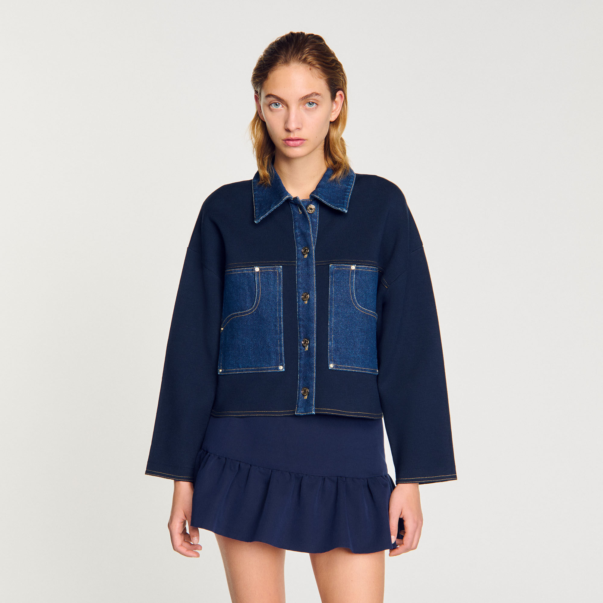 Cardigan con detalles de denim