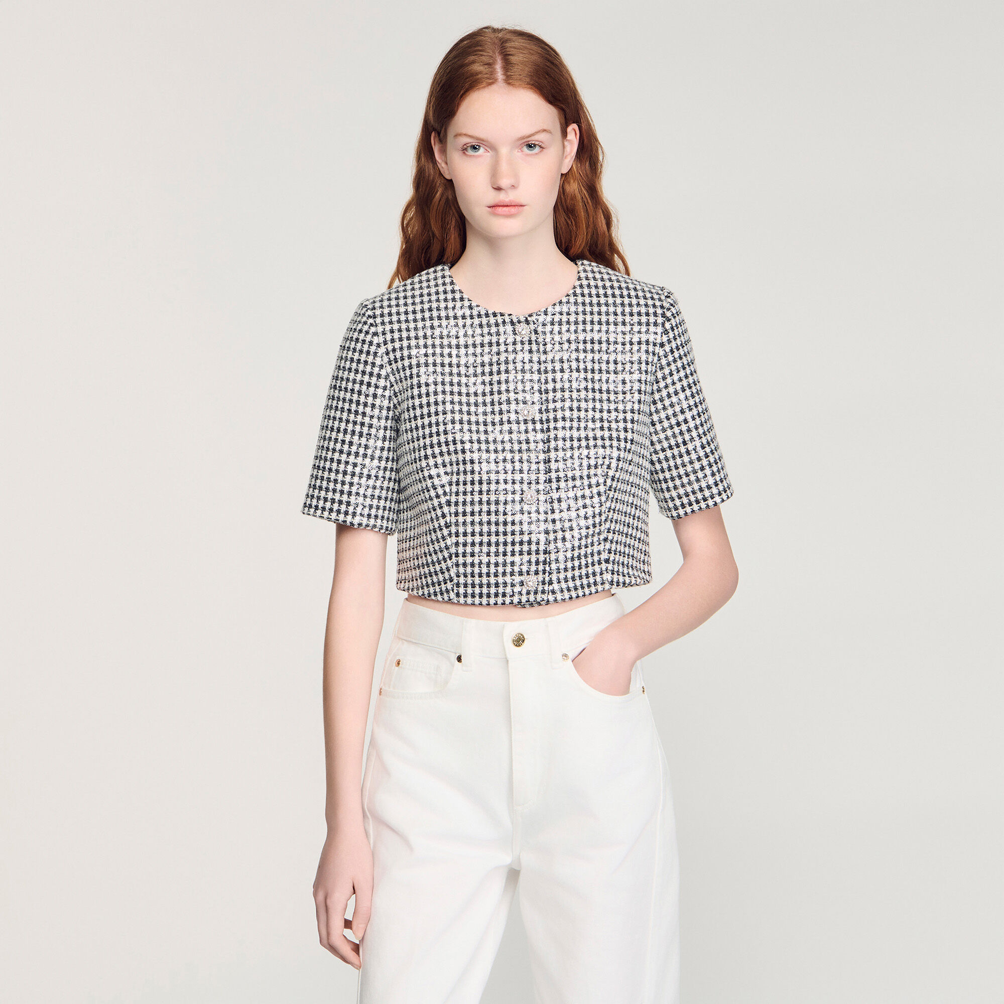 Top corto de tweed con estampado de cuadros