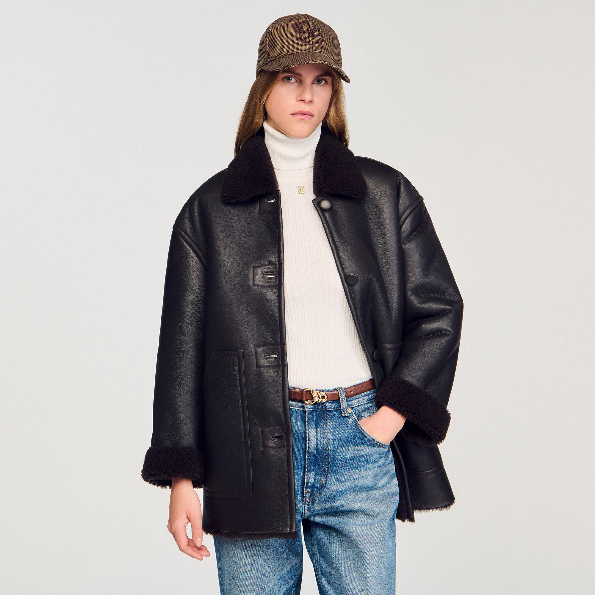Chaqueta de piel de carnero tipo aviador