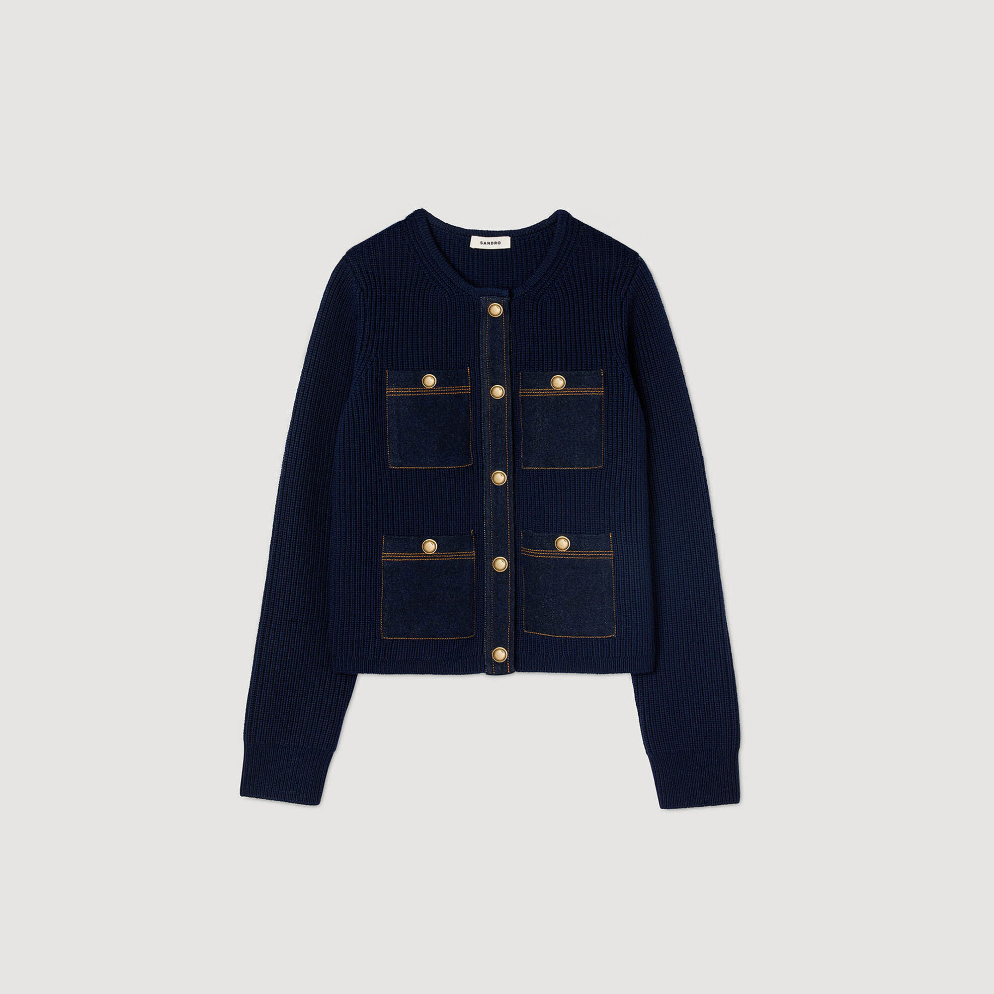 Cardigan de punto ribete con detalles de denim