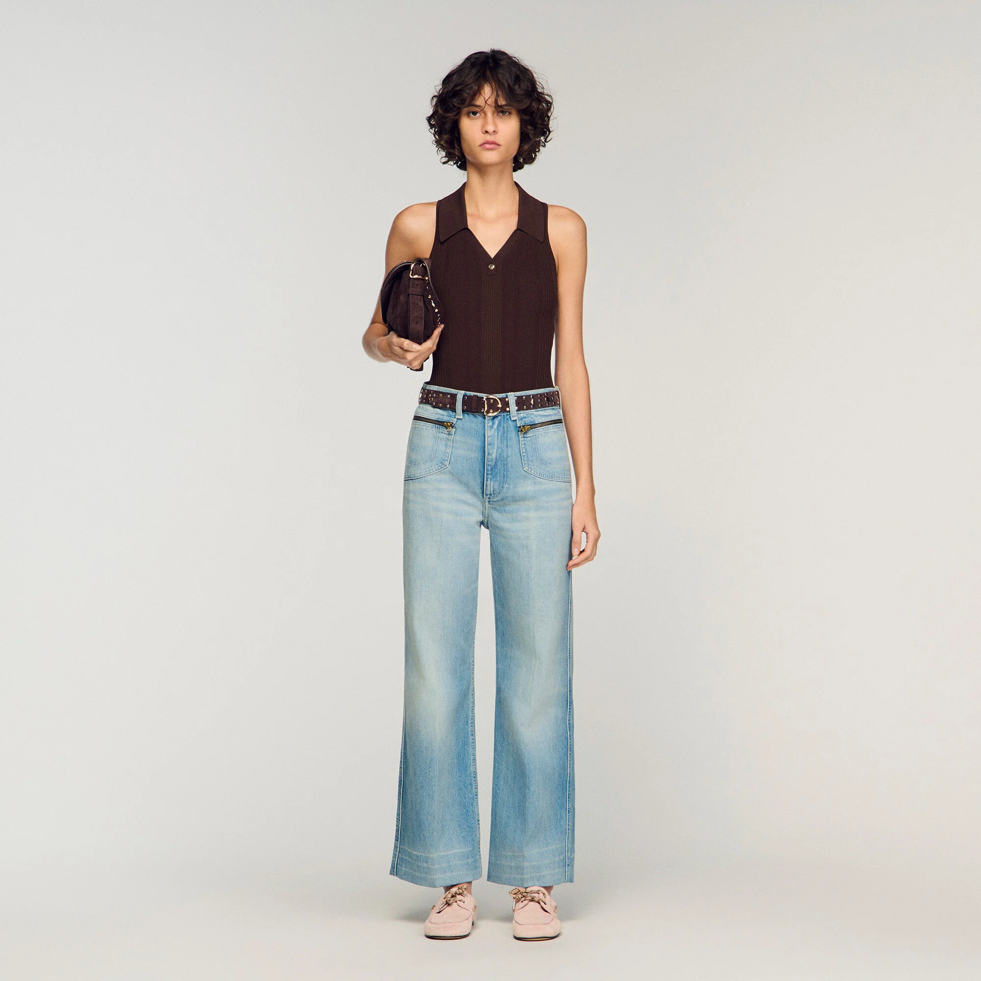 Pantalones de algodón rectos con cremallera desgastados