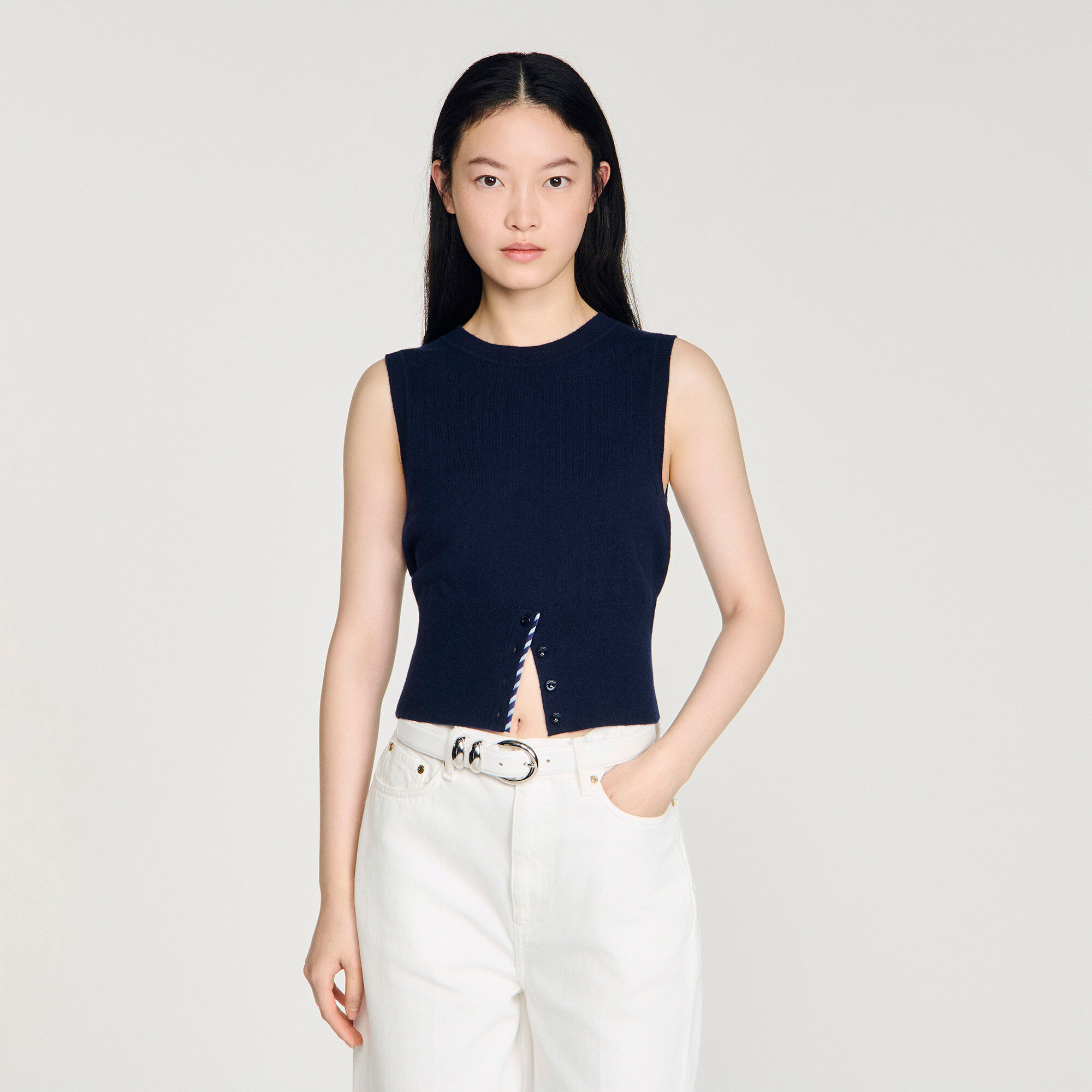 Sweater corto de lana y cashmere con rayas