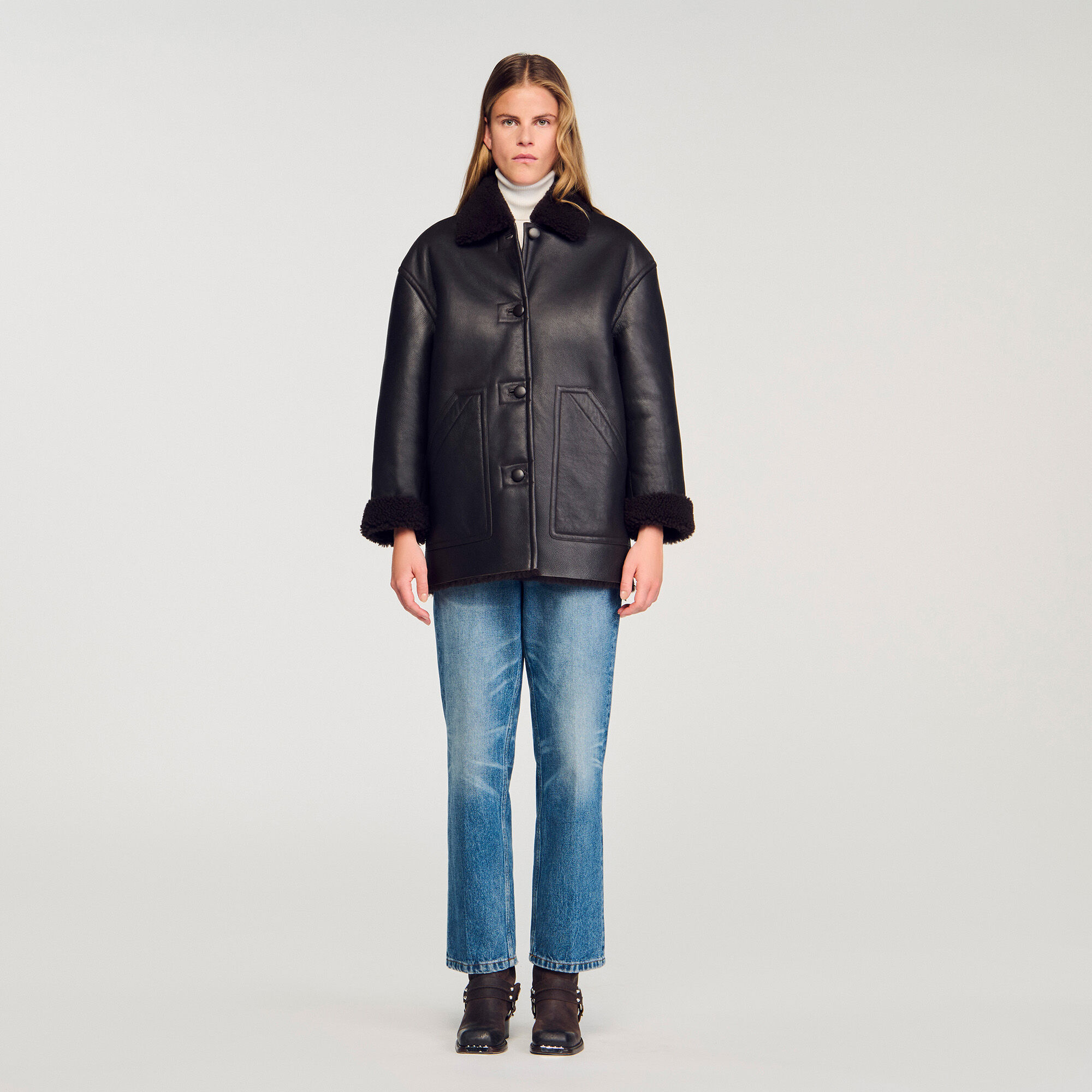 Chaqueta de piel de carnero tipo aviador